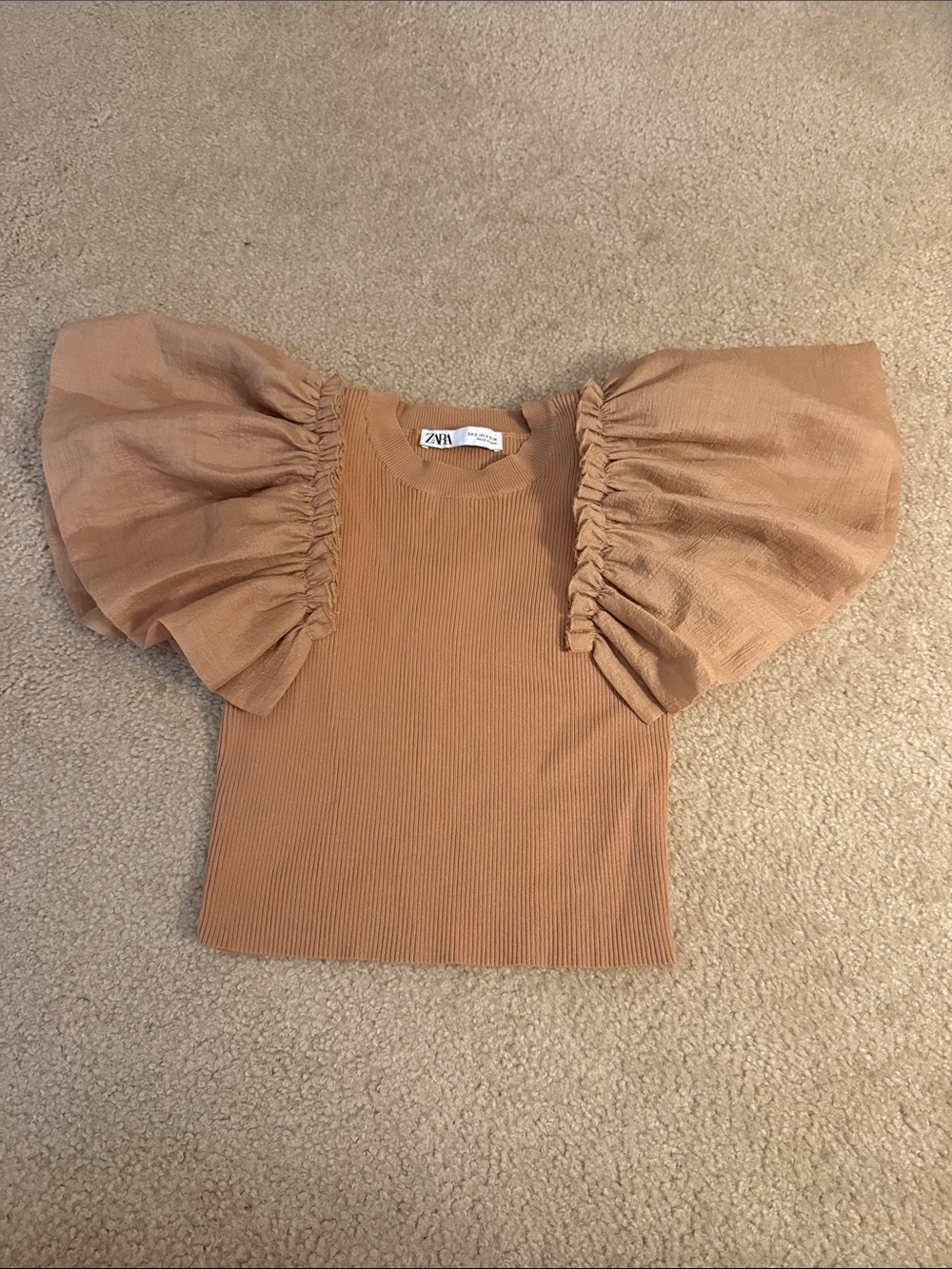 Zara Camel Puff Sleeve Ribbed Top